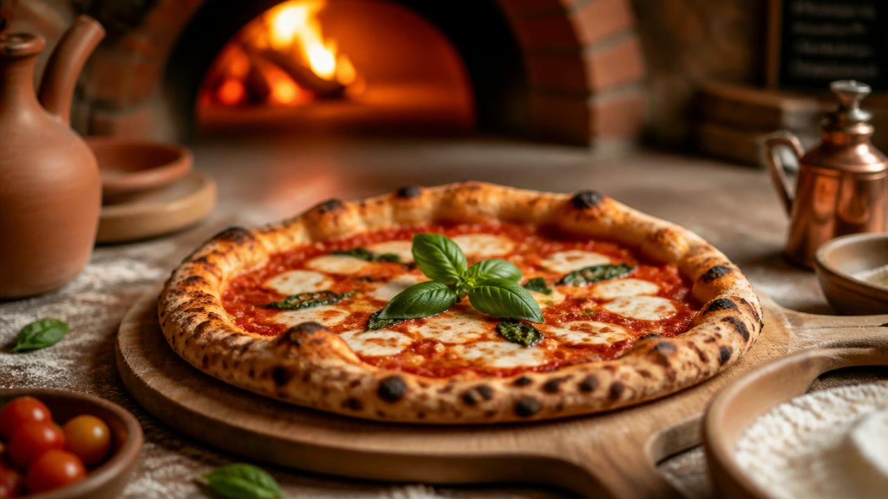 Nybakt vedeldad pizza på träbräda med en glödande ugn i bakgrunden